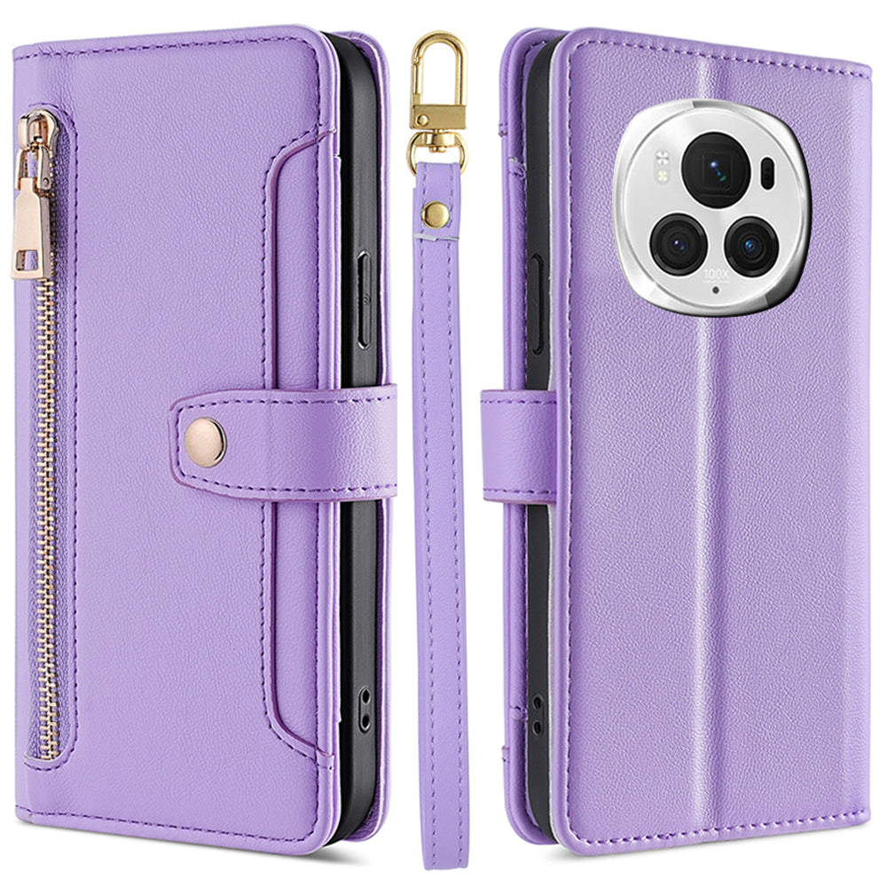 For Honor Magic6 Pro 5G Case Zipper Pocket Wallet Anti-Drop Leather Phone Cover with 2 Straps For Honor Magic6 Pro 5G Case Zipper Pocket Wallet Anti-Drop Leather Phone Cover with 2 Straps